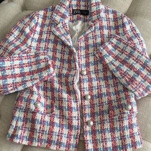 Zara Women's Red and Blue Tweed Blazer